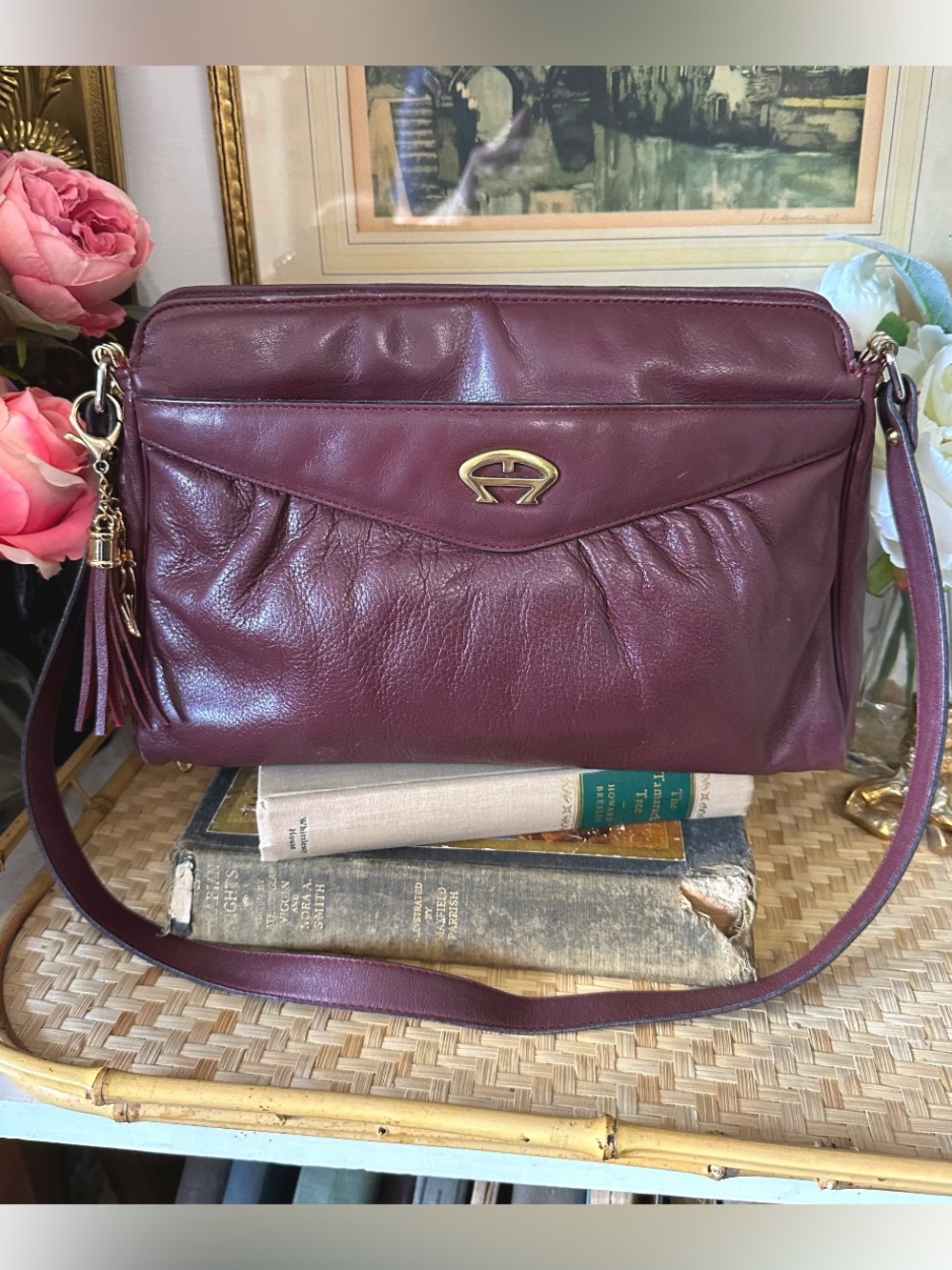 Vintage Etienne Aigner Classic Dark Burgundy Oxblood Red Leather Shoulder Bag